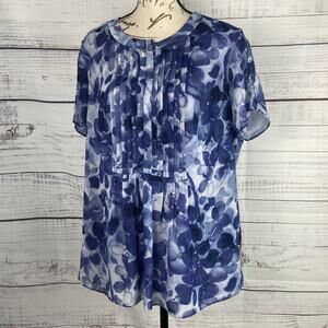 Coldwater Creek Blouse Womens PL Blue Floral Pleated Front Short Sleeves